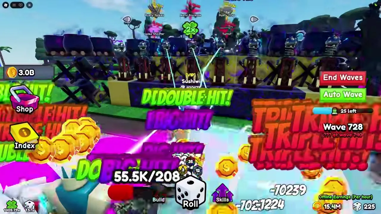 Late-wave combat with coin popups and offline earnings HUD