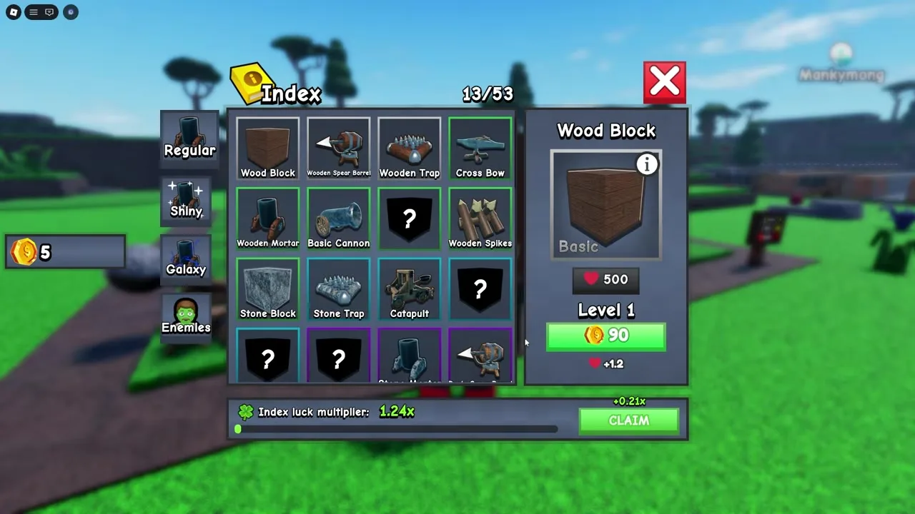 Early index panel showing Wood Block stats and common objects