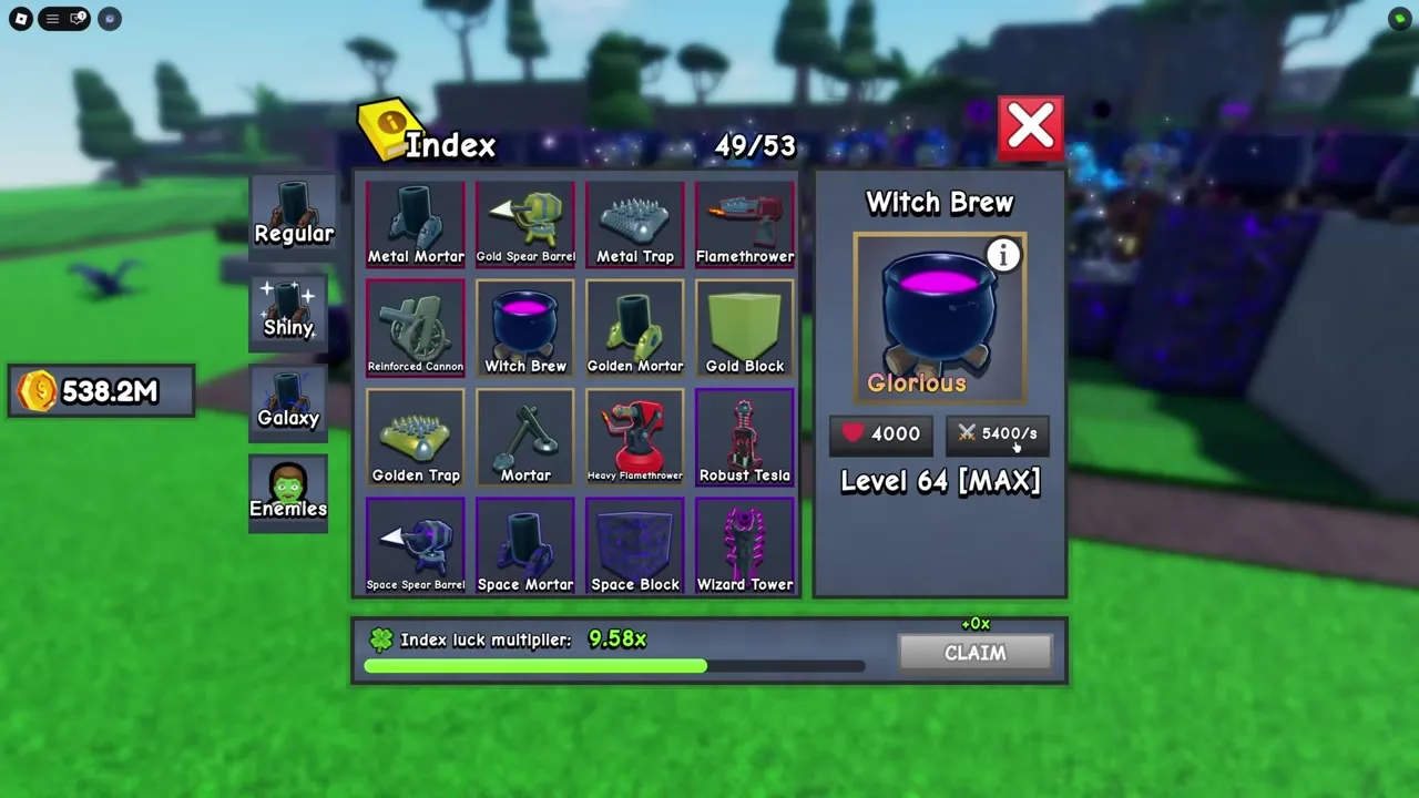Mid-game index with Witch Brew and high luck multiplier